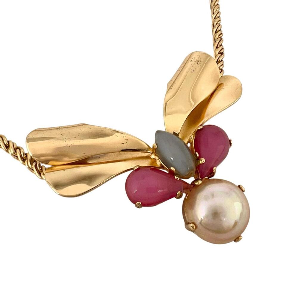 Dior Necklace, Metal, Faux Pearl, Rhinestone, Pink Gold, Women's
